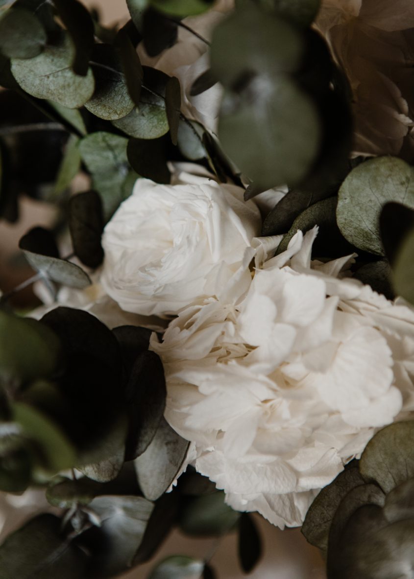 Ramo de novia de flores preservadas hortensias, rosas de jardín y eucalipto - Camomile Bouquet 6